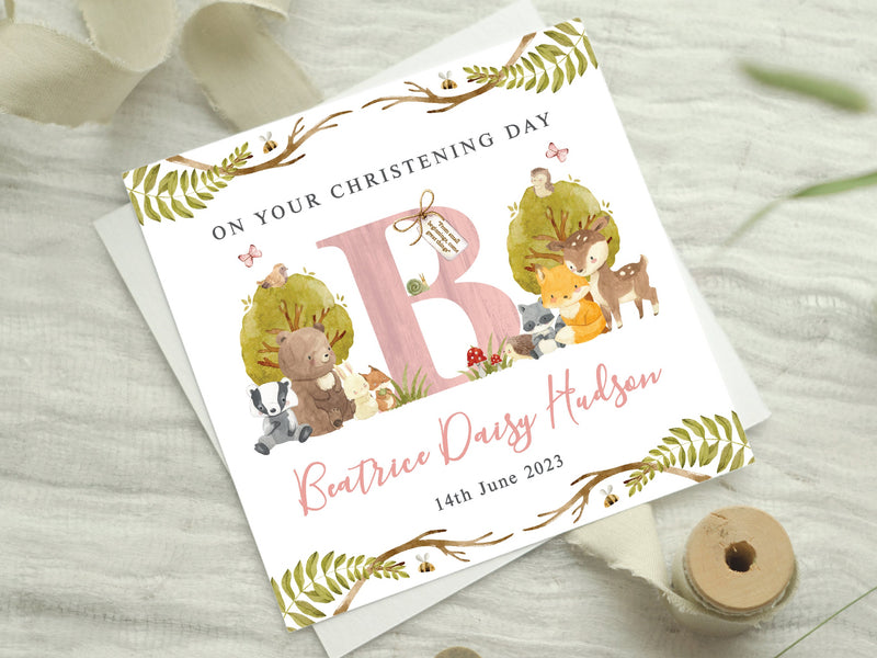 Personalised Woodland Animals Christening Card - Customised Baptism, Naming Day, Botanical Baby Initial Keepsake