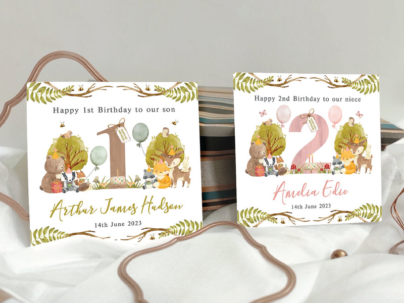 Personalised Woodland Animals Birthday Card Pink