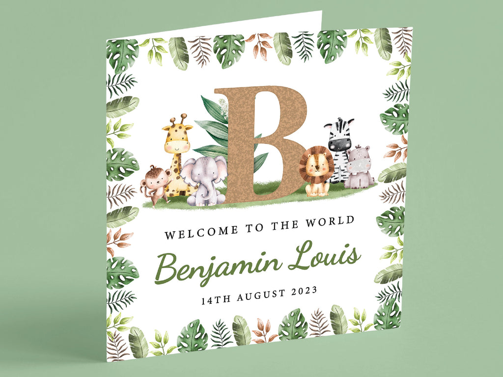 Personalised Jungle Theme New Baby Card For Baby Boy or Baby Girl