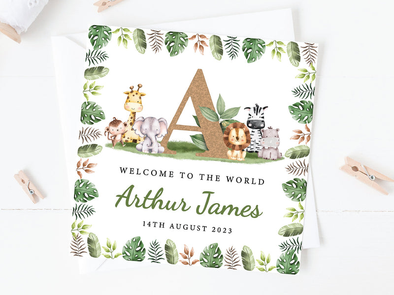 Personalised Jungle Theme New Baby Card For Baby Boy or Baby Girl