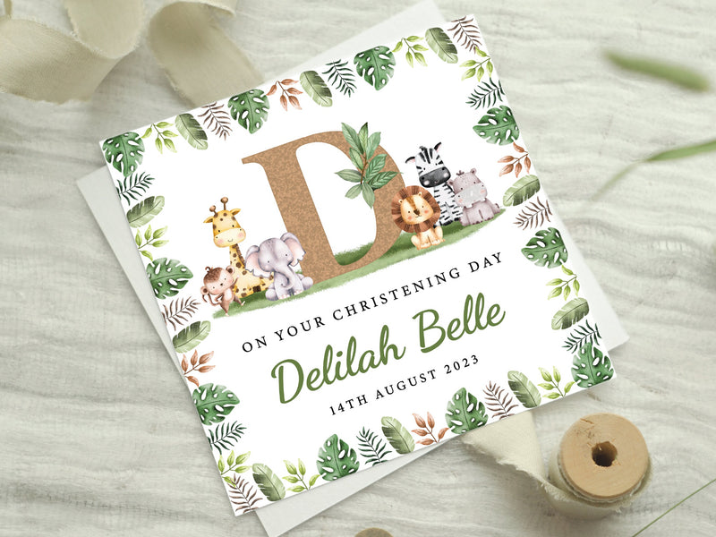 Personalised Christening Card, Jungle Baptism Card, Safari Animals Naming Day Card with Initial