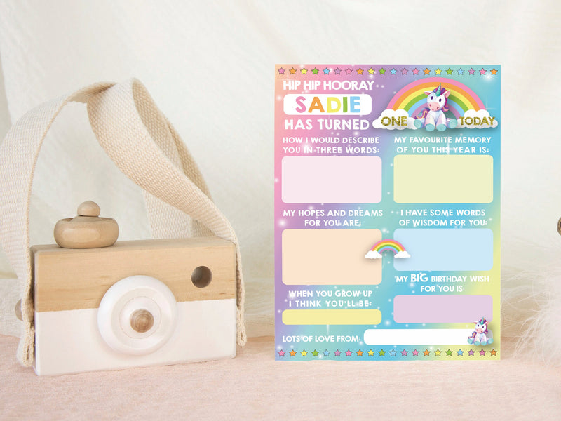 Personalised 1st Birthday Time Capsule Cards, Unicorn Rainbow First Birthday Party Ganes