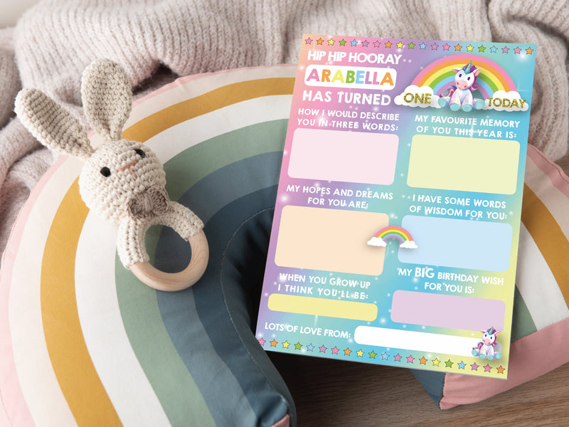 Personalised 1st Birthday Time Capsule Cards, Unicorn Rainbow First Birthday Party Ganes