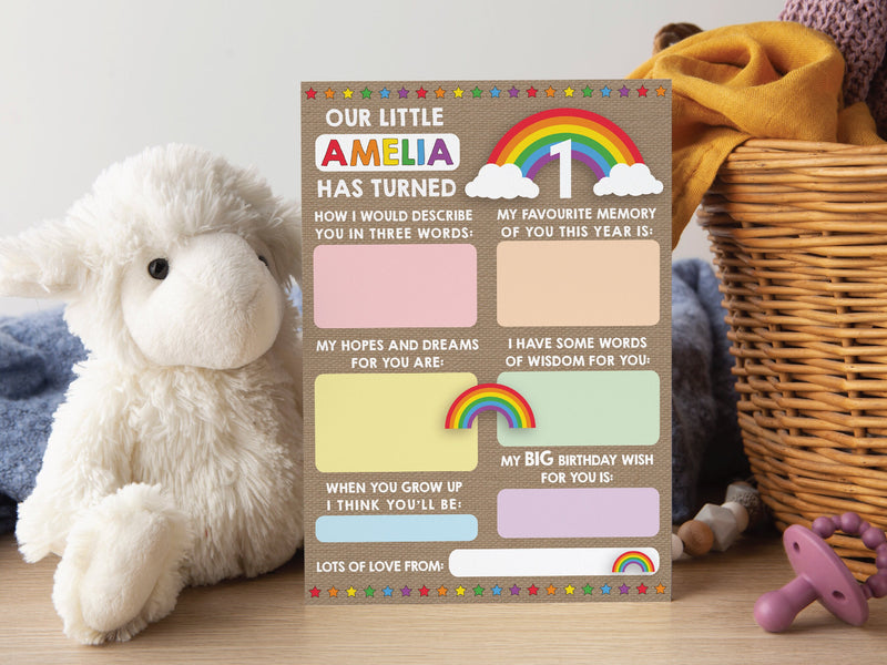 Personalised Rainbow 1st Birthday Time Capsule Cards, First Birthday Keepsake Cards, 1st Birthday Party Games