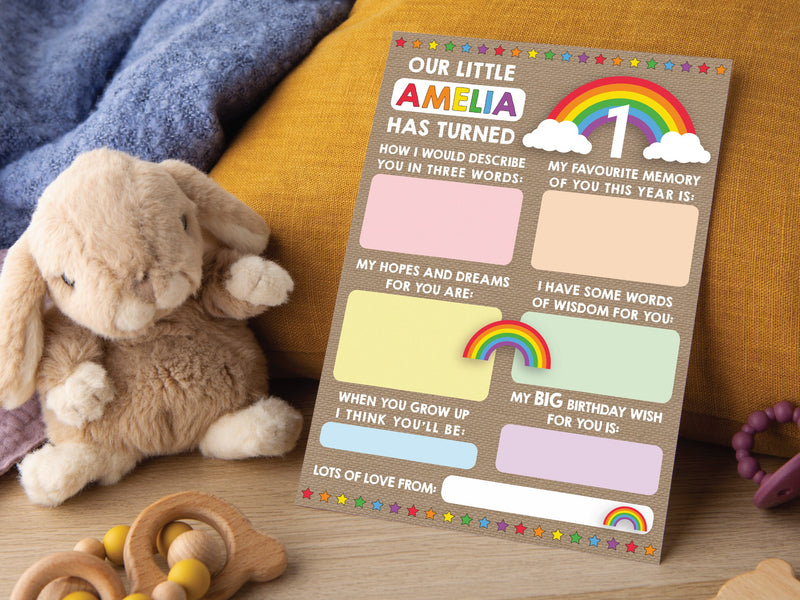 Personalised Rainbow 1st Birthday Time Capsule Cards, First Birthday Keepsake Cards, 1st Birthday Party Games