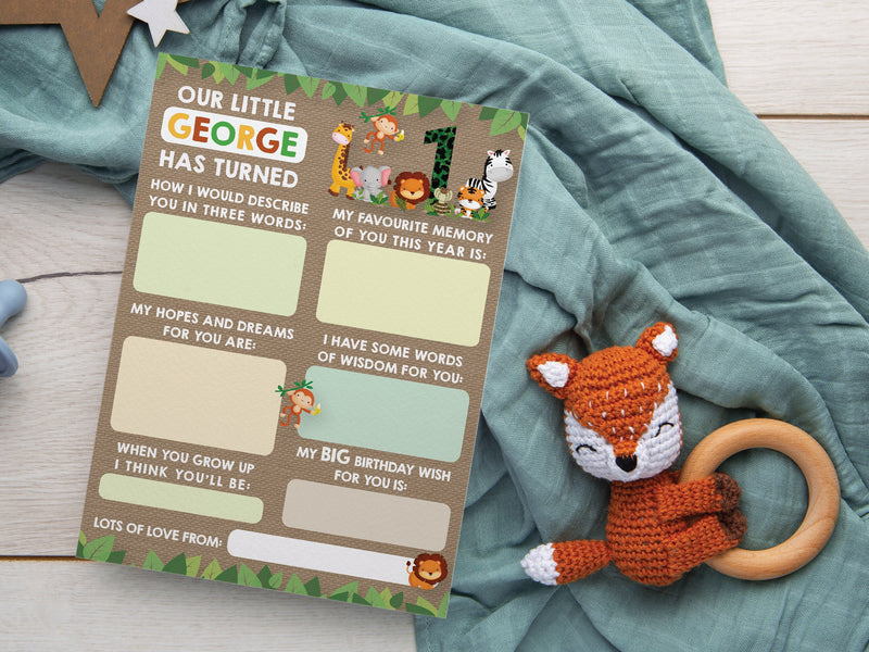 Personalised Jungle Animal Time Capsule Cards, Safari Animals 1st Birthday First Birthday Party Games