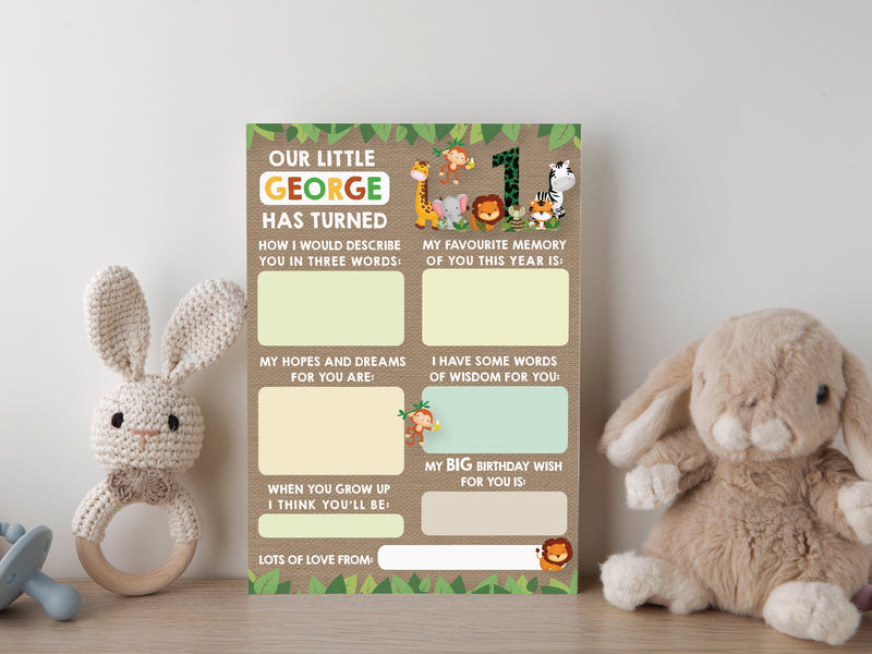 Personalised Jungle Animal Time Capsule Cards, Safari Animals 1st Birthday First Birthday Party Games