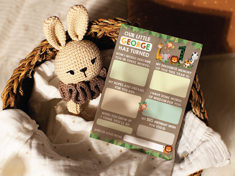 Personalised Jungle Animal Time Capsule Cards, Safari Animals 1st Birthday First Birthday Party Games