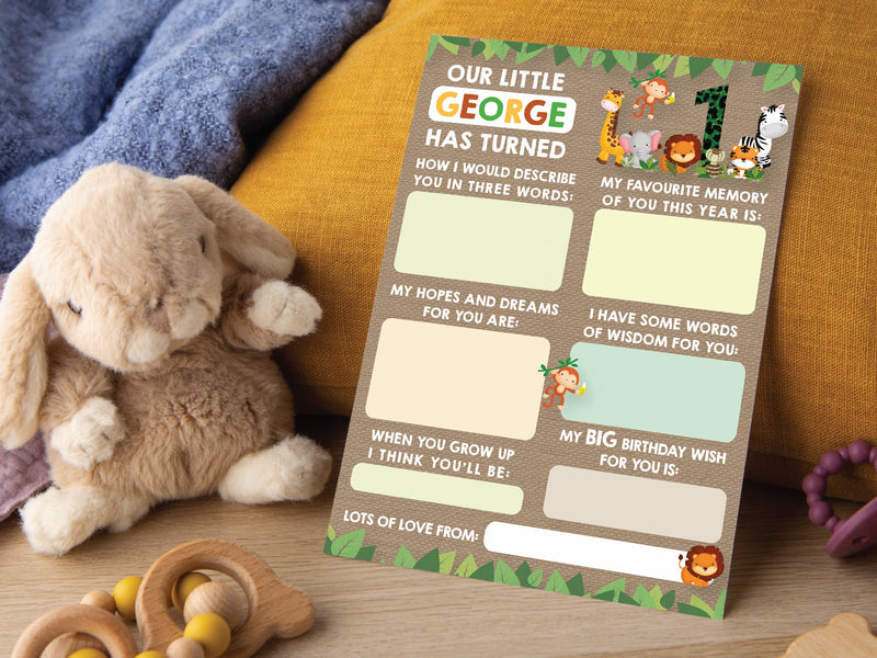 Personalised Jungle Animal Time Capsule Cards, Safari Animals 1st Birthday First Birthday Party Games