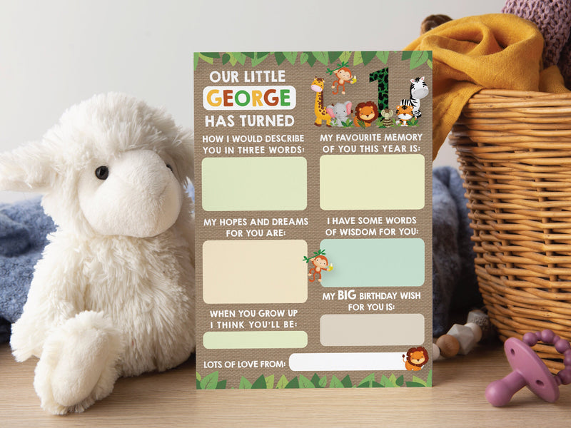Personalised Jungle Animal Time Capsule Cards, Safari Animals 1st Birthday First Birthday Party Games