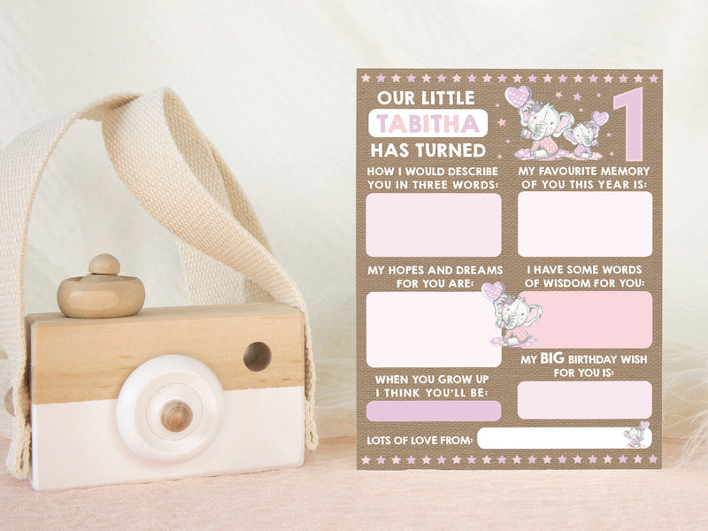 Personalised Elephant 1st Birthday Time Capsule Cards, First Birthday Keepsake Cards, 1st Birthday Party Games