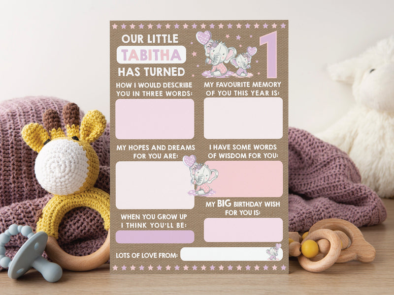 Personalised Elephant 1st Birthday Time Capsule Cards, First Birthday Keepsake Cards, 1st Birthday Party Games