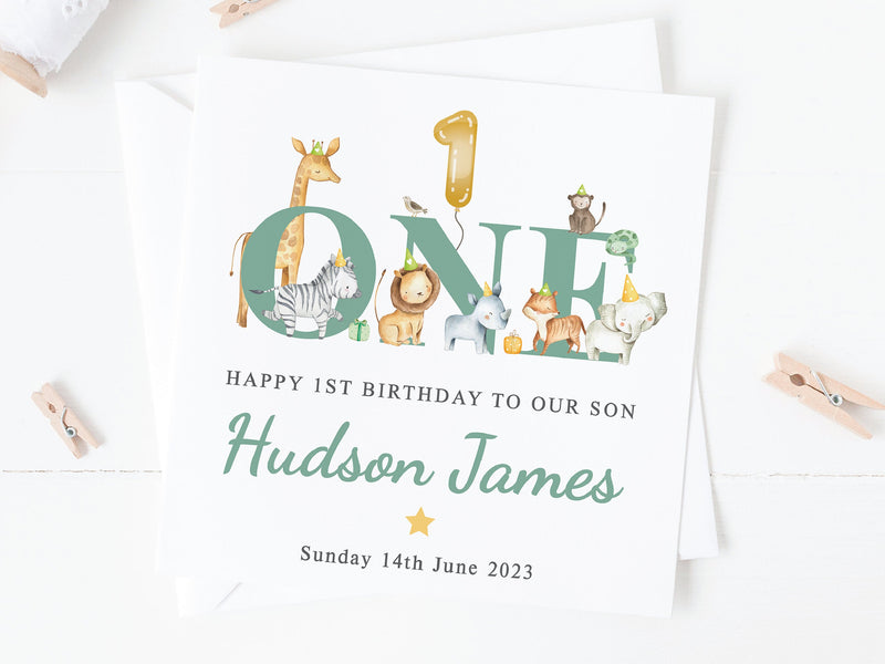 Personalised Jungle 1st Birthday Card Green