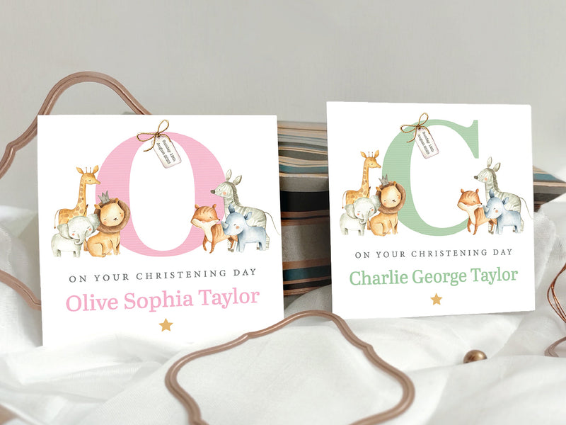 Personalised Jungle & Safari Animals Christening Card - Initial Baptism, Naming Day Card for Boy or Girl