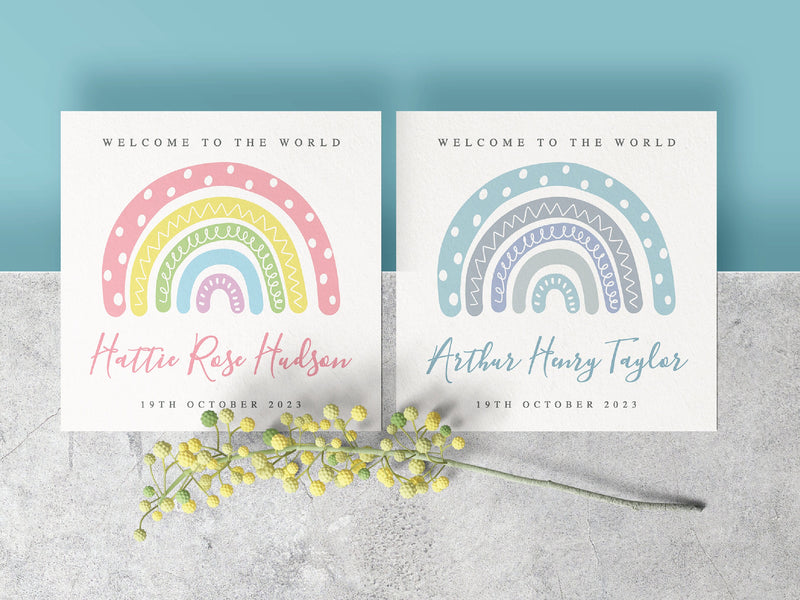 Personalised Rainbow Pink New Baby Girl Card