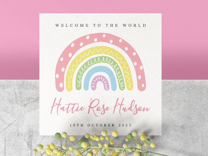 Personalised Rainbow Pink New Baby Girl Card