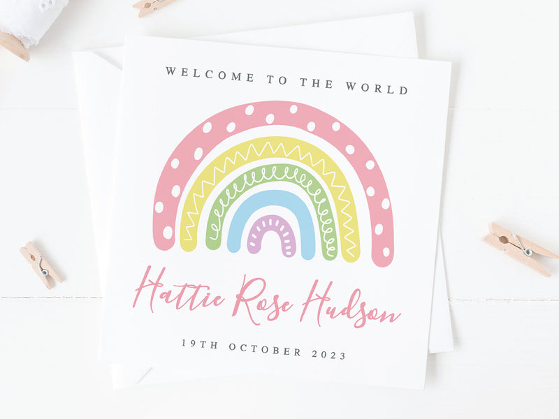 Personalised Rainbow Pink New Baby Girl Card