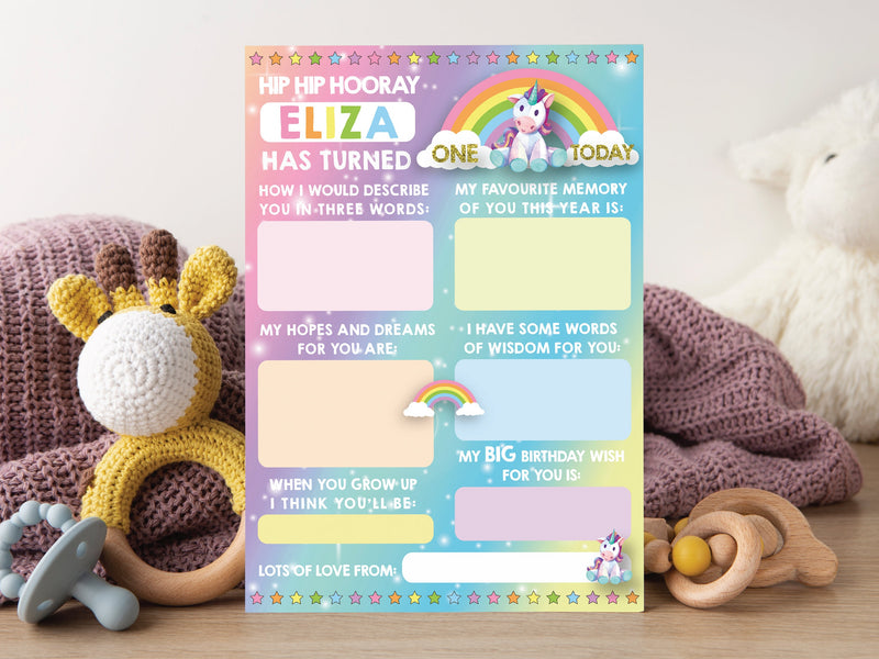 Personalised 1st Birthday Time Capsule Cards, Unicorn Rainbow First Birthday Party Ganes
