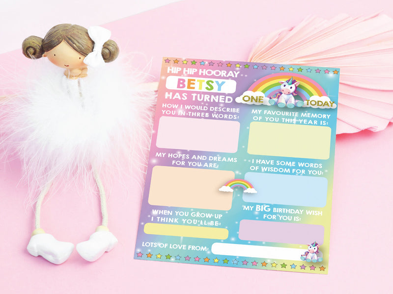 Personalised 1st Birthday Time Capsule Cards, Unicorn Rainbow First Birthday Party Ganes