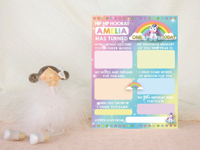 Personalised 1st Birthday Time Capsule Cards, Unicorn Rainbow First Birthday Party Ganes