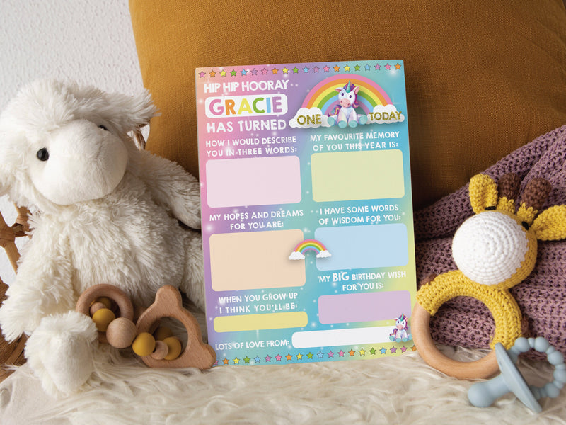 Personalised 1st Birthday Time Capsule Cards, Unicorn Rainbow First Birthday Party Ganes