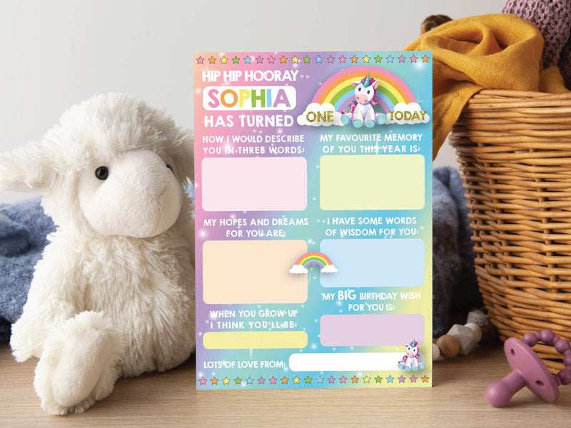 Personalised 1st Birthday Time Capsule Cards, Unicorn Rainbow First Birthday Party Ganes