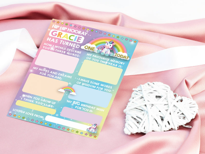 Personalised 1st Birthday Time Capsule Cards, Unicorn Rainbow First Birthday Party Ganes