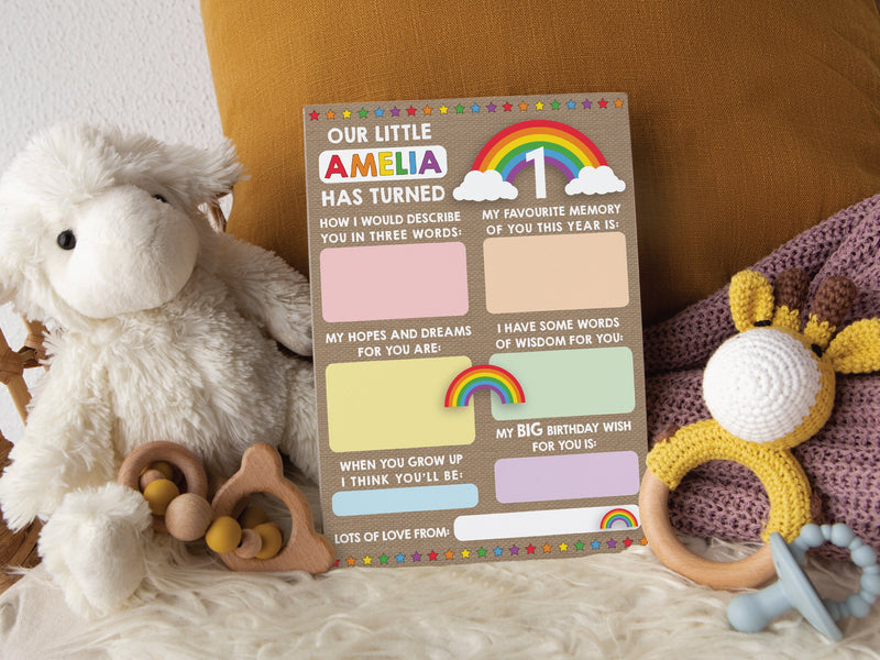 Personalised Rainbow 1st Birthday Time Capsule Cards, First Birthday Keepsake Cards, 1st Birthday Party Games