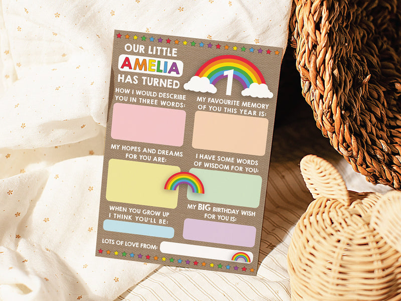 Personalised Rainbow 1st Birthday Time Capsule Cards, First Birthday Keepsake Cards, 1st Birthday Party Games