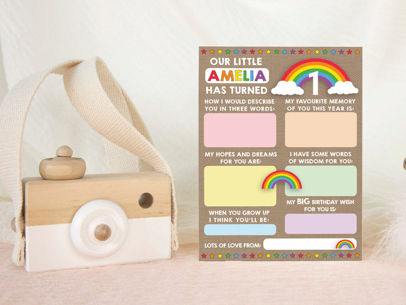 Personalised Rainbow 1st Birthday Time Capsule Cards, First Birthday Keepsake Cards, 1st Birthday Party Games