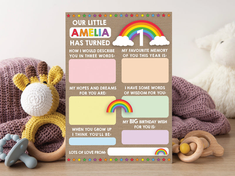 Personalised Rainbow 1st Birthday Time Capsule Cards, First Birthday Keepsake Cards, 1st Birthday Party Games