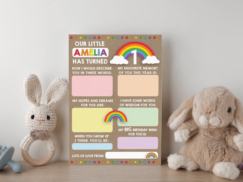 Personalised Rainbow 1st Birthday Time Capsule Cards, First Birthday Keepsake Cards, 1st Birthday Party Games
