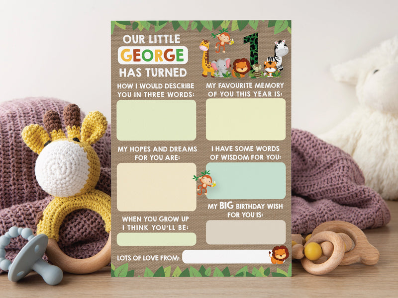 Personalised Jungle Animal Time Capsule Cards, Safari Animals 1st Birthday First Birthday Party Games