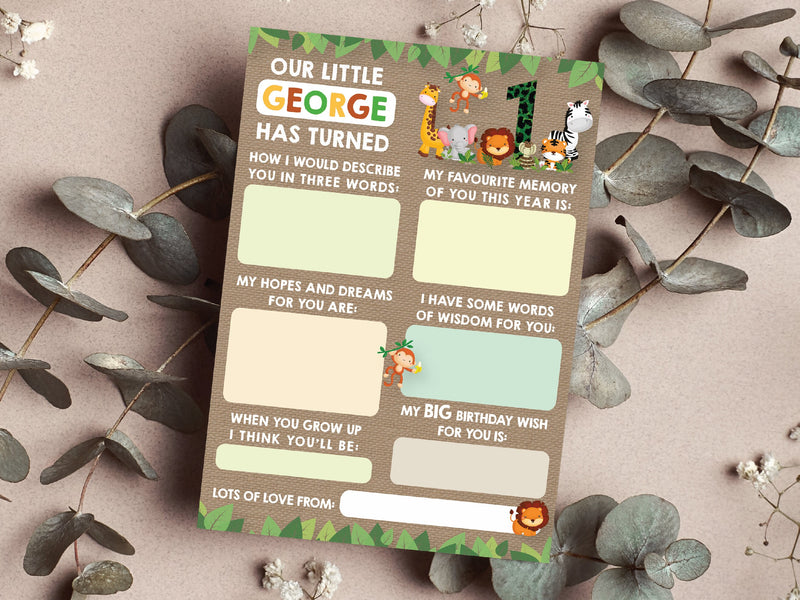 Personalised Jungle Animal Time Capsule Cards, Safari Animals 1st Birthday First Birthday Party Games