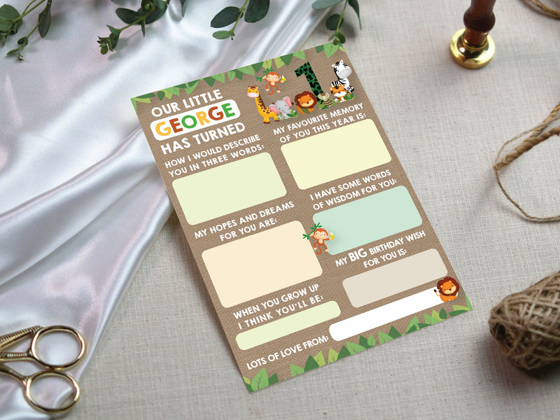 Personalised Jungle Animal Time Capsule Cards, Safari Animals 1st Birthday First Birthday Party Games