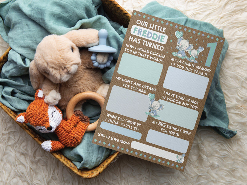 Personalised Elephant 1st Birthday Time Capsule Cards, First Birthday Keepsake Cards, 1st Birthday Party Games