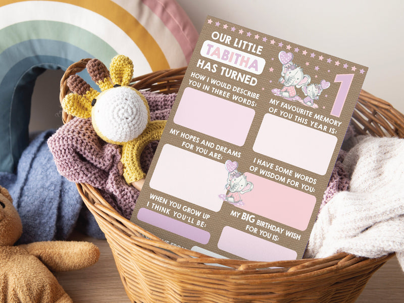 Personalised Elephant 1st Birthday Time Capsule Cards, First Birthday Keepsake Cards, 1st Birthday Party Games