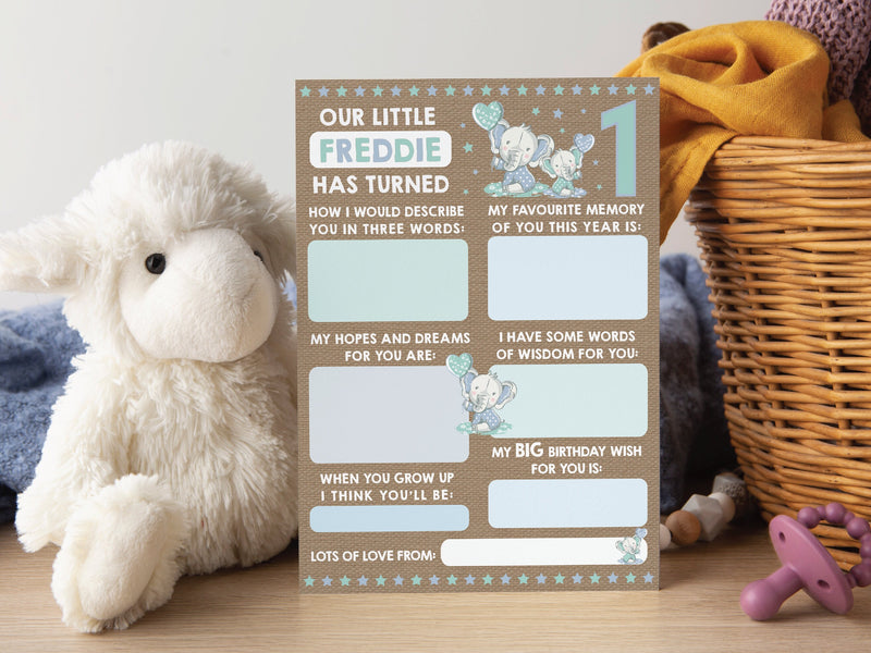 Personalised Elephant 1st Birthday Time Capsule Cards, First Birthday Keepsake Cards, 1st Birthday Party Games
