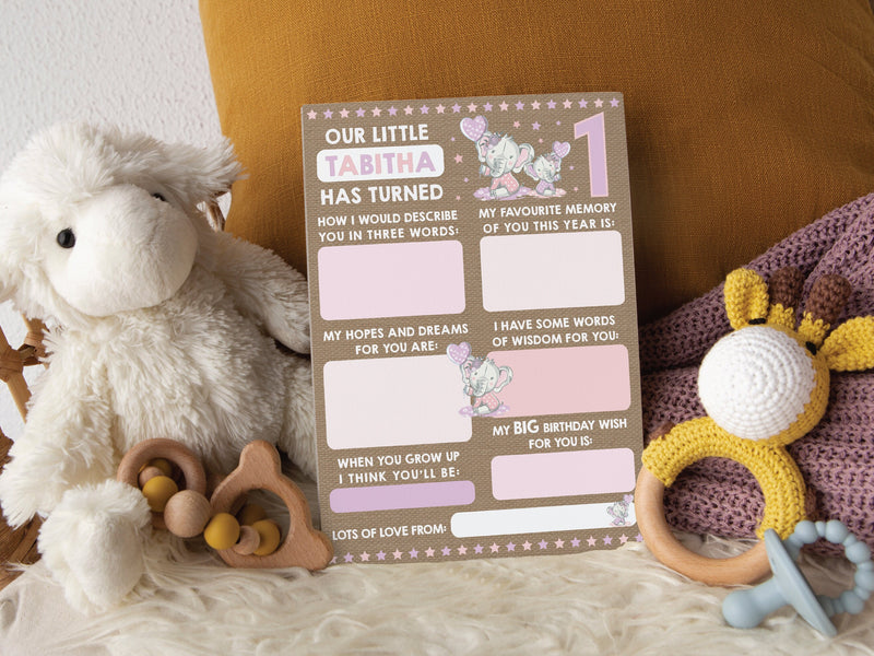 Personalised Elephant 1st Birthday Time Capsule Cards, First Birthday Keepsake Cards, 1st Birthday Party Games