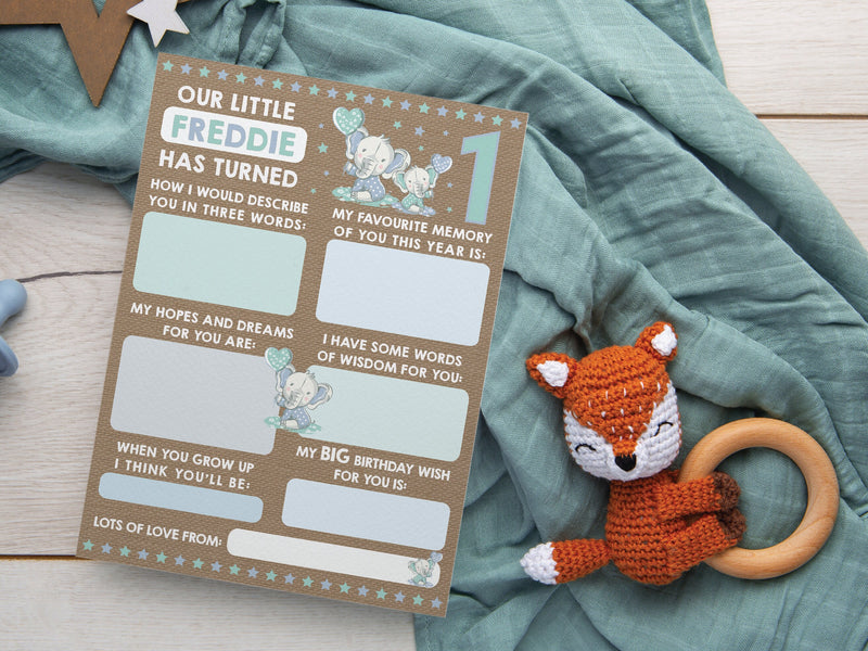 Personalised Elephant 1st Birthday Time Capsule Cards, First Birthday Keepsake Cards, 1st Birthday Party Games