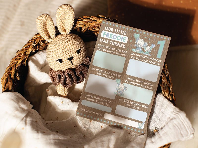 Personalised Elephant 1st Birthday Time Capsule Cards, First Birthday Keepsake Cards, 1st Birthday Party Games