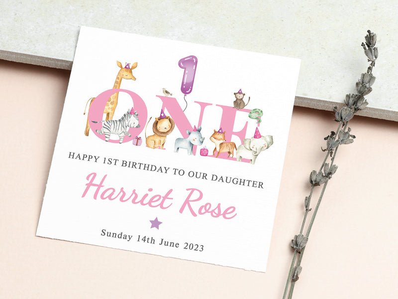 Personalised Jungle 1st Birthday Card Pink