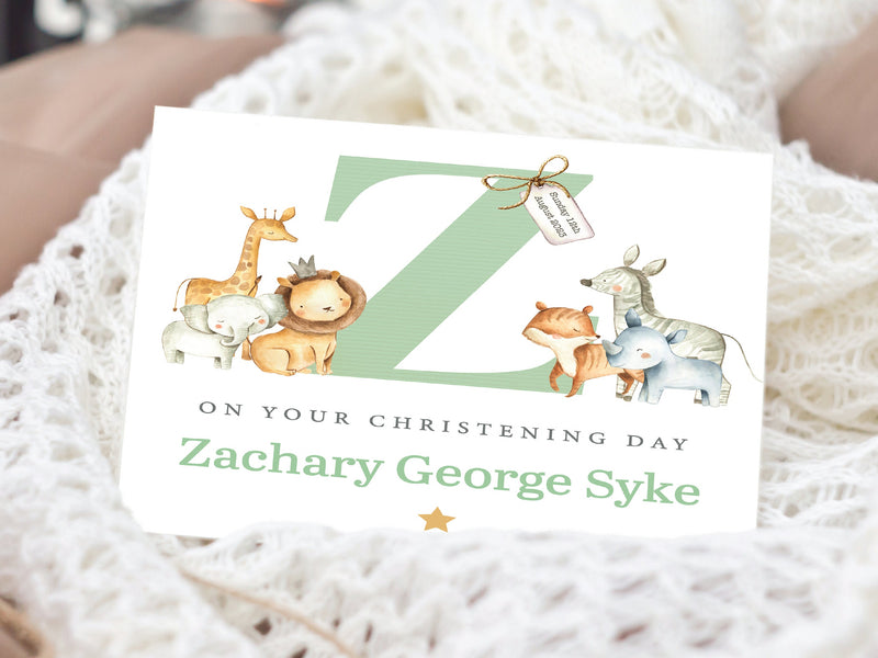 Personalised Jungle & Safari Animals Christening Card - Initial Baptism, Naming Day Card for Boy or Girl