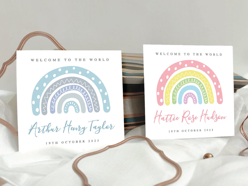 Personalised Rainbow Pink New Baby Girl Card