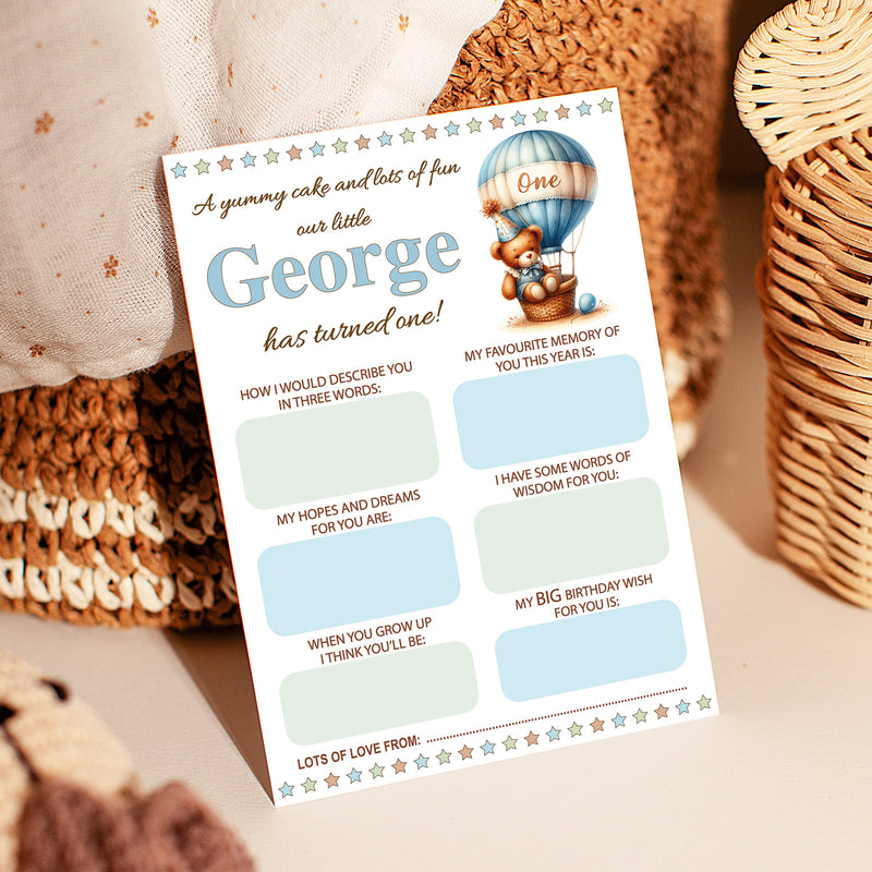 Personalised 1st Birthday Time Capsule Cards, Teddy Bear, Hot Air Balloon First Birthday Party