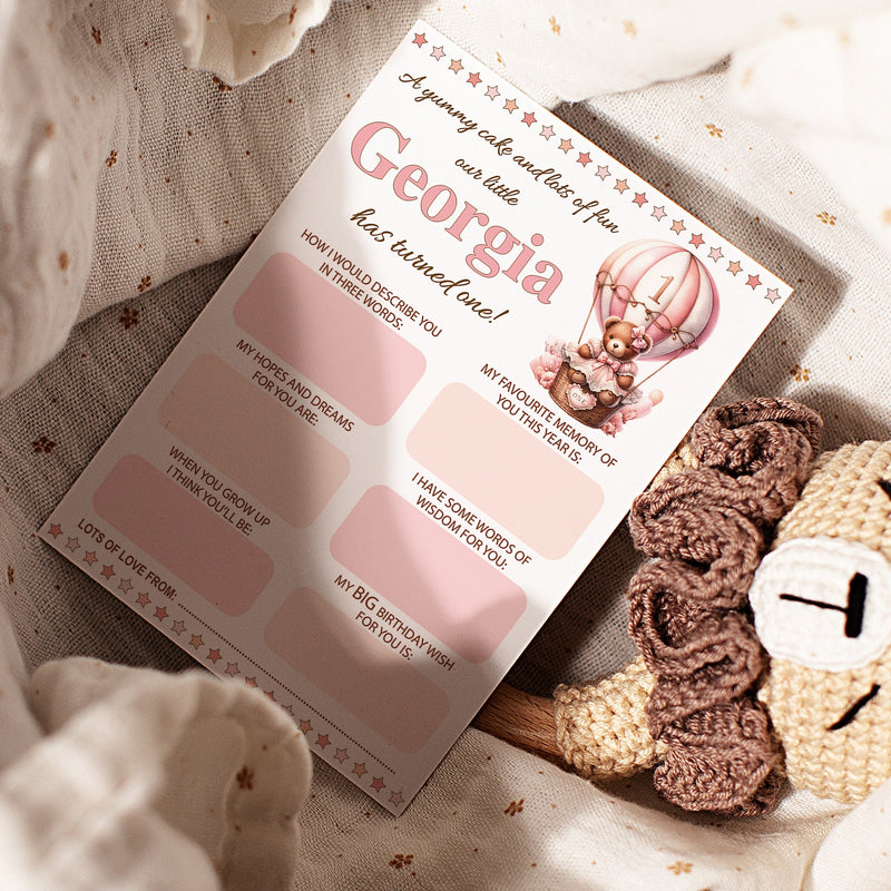 Personalised 1st Birthday Time Capsule Cards, Teddy Bear, Hot Air Balloon First Birthday Party