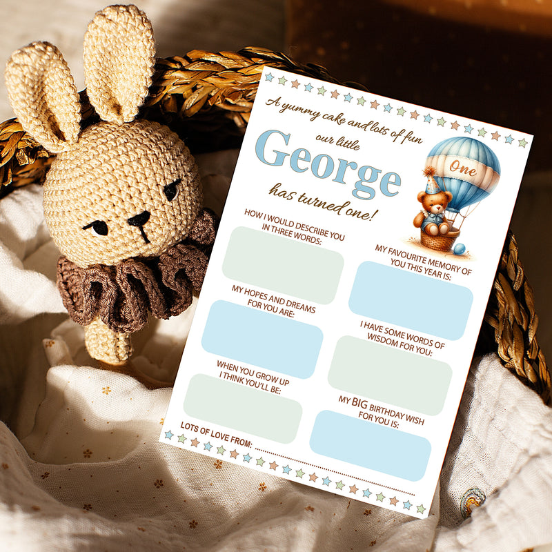 Personalised 1st Birthday Time Capsule Cards, Teddy Bear, Hot Air Balloon First Birthday Party