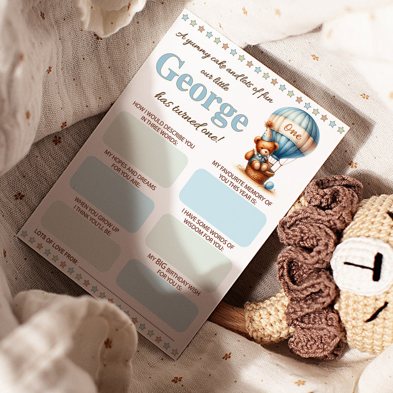 Personalised 1st Birthday Time Capsule Cards, Teddy Bear, Hot Air Balloon First Birthday Party