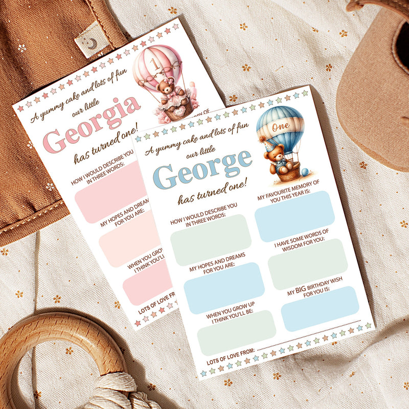Personalised 1st Birthday Time Capsule Cards, Teddy Bear, Hot Air Balloon First Birthday Party