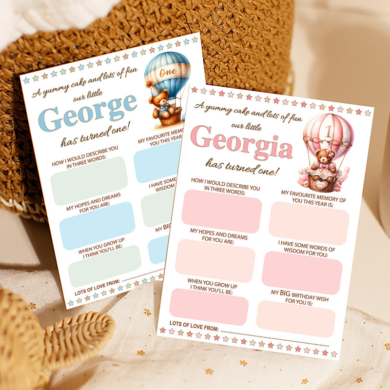 Personalised 1st Birthday Time Capsule Cards, Teddy Bear, Hot Air Balloon First Birthday Party